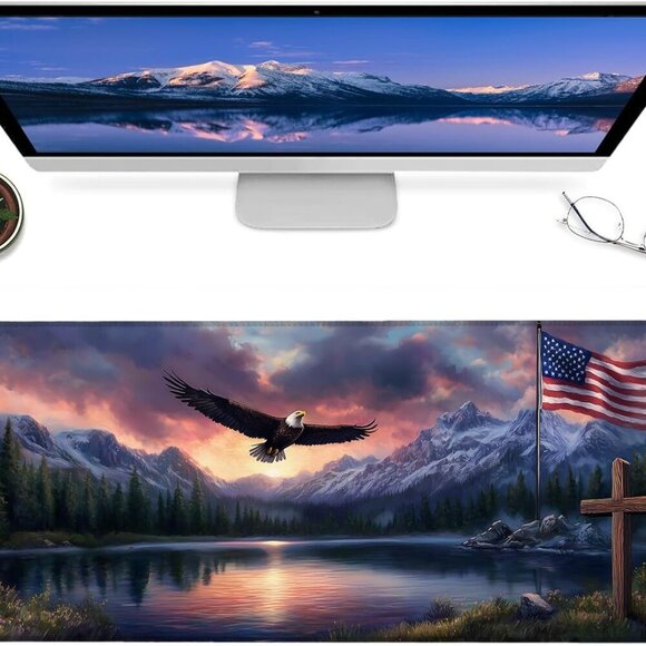 Patriotic Eagle and Flag Gaming Mouse Pad – 12x31.5in Non-Slip Rubber Desk Mat w - Picture 1 of 6